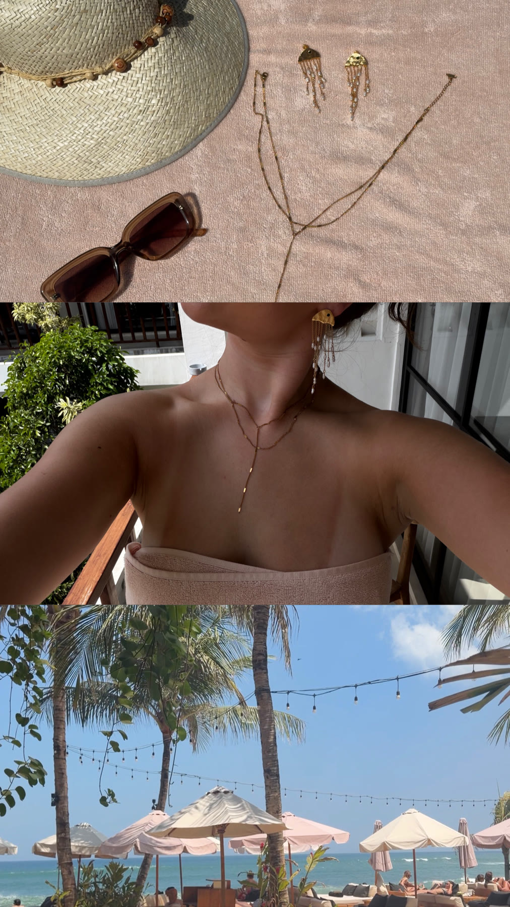 Travel collage with jewelry, a towel and a poolside view
